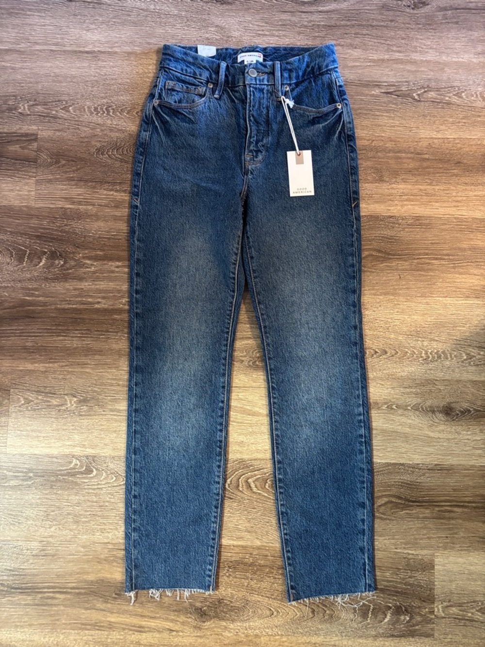 Good American Dark Blue High-Rise Straight Leg Jeans